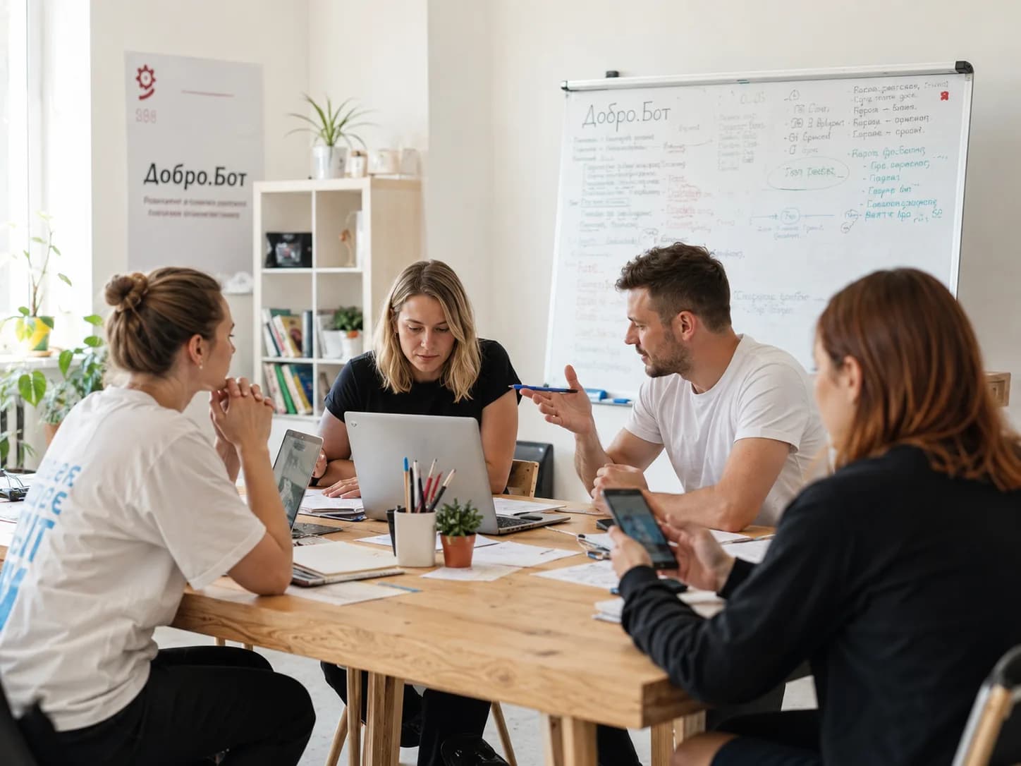 Координаторы Добро.Бот обсуждают заявки за рабочим столом